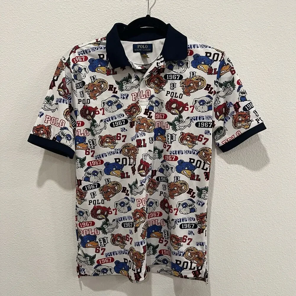 Polo Ralph Lauren Boys White Mascot Multi Graphic Print Short Sleeve Polo Shirt